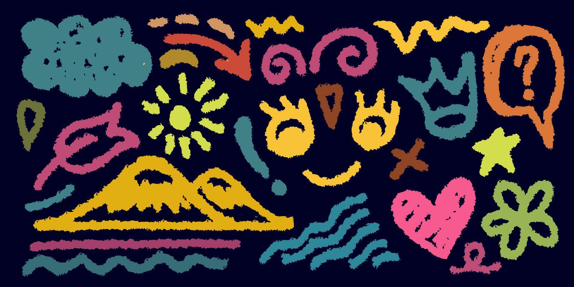 Collection of hand drawn colorful charcoal doodle shapes and squiggles in childish grunge style. Pencil drawings isolated on blue. Crown, stars, flower, heart and doodle elements. vector