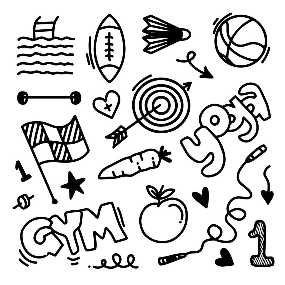 Sport elements doodles. Collection of cute black and white cartoon hand drawn in different styles. illustrations for healthy and active life design concepts. vector
