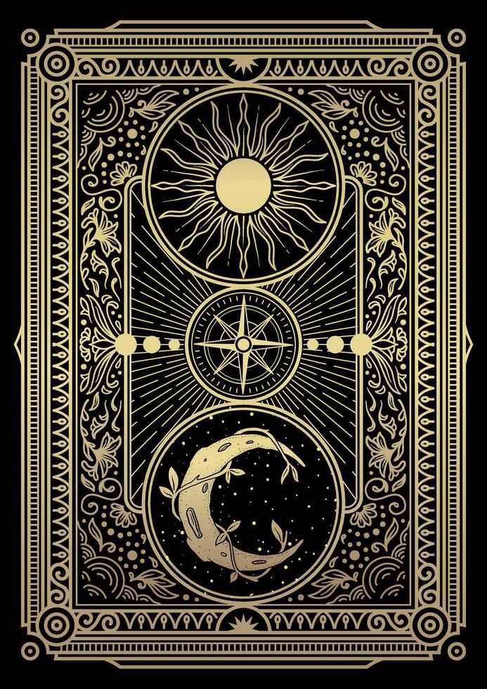 Celestial Sun and Moon with Planets and Compass in Ornate Victorian Galaxy Frame vector