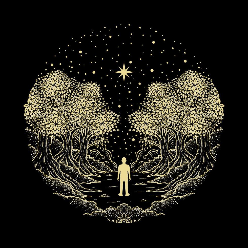 Golden Path in Night Forest with Silhouette and Shining Star vector