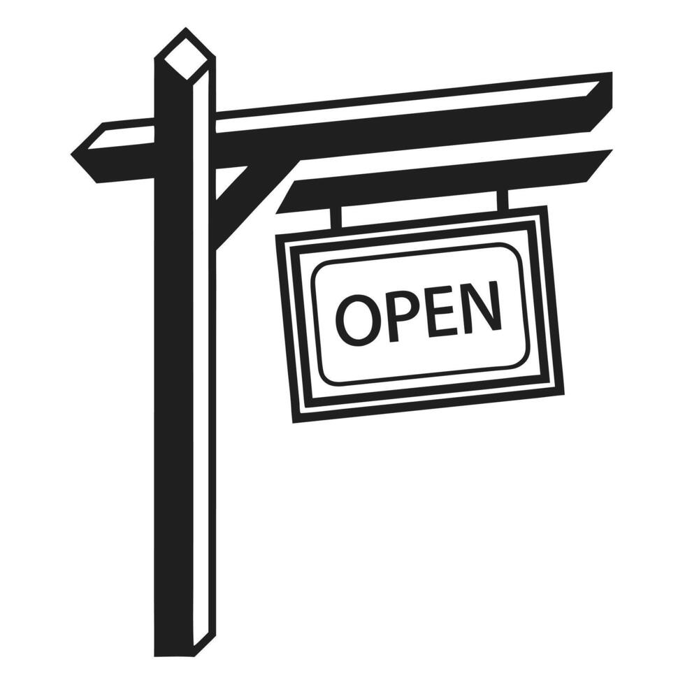 Black Silhouette of Open Store Sign with Rustic Wooden Post vector
