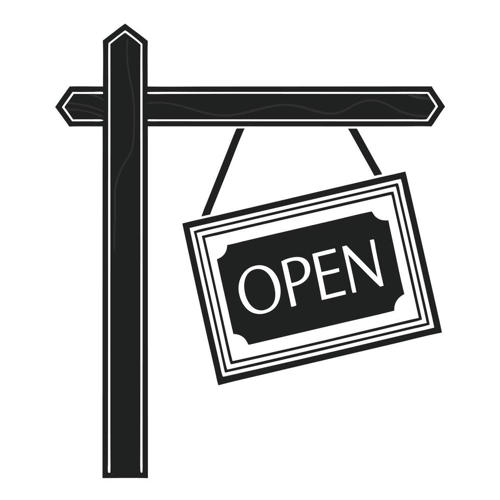 Clean Black and White Open Sign with Hanging Board Design vector