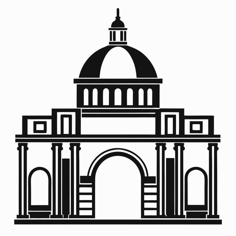Monumental Arch with Dome Black Silhouette on White Canvas vector
