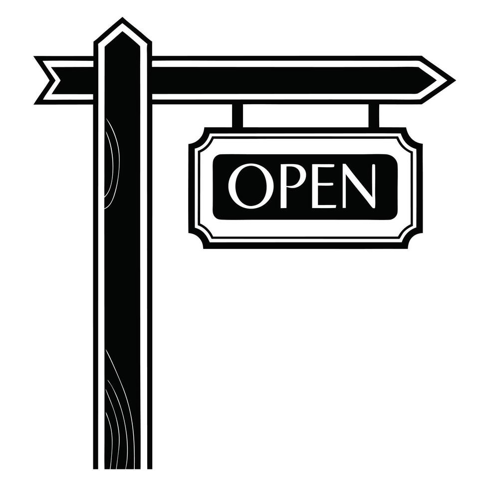 Minimalist Open Sign Silhouette on Wooden Post for Shops vector