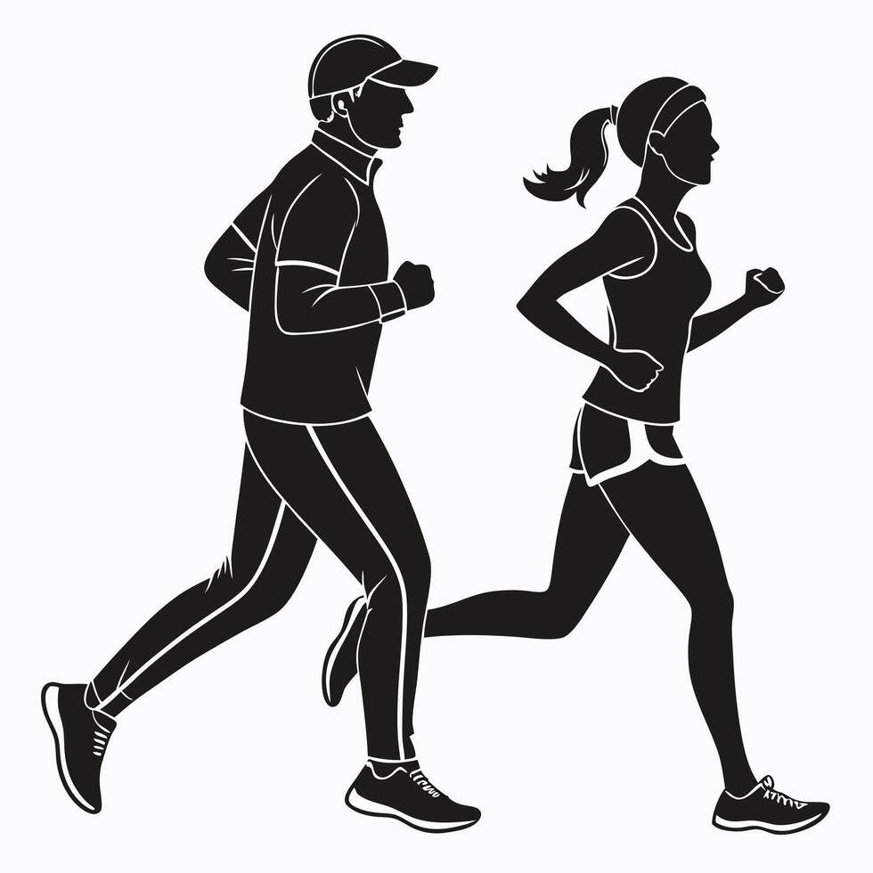 Couple Running Black Silhouette of Jogging Duo in Minimalist Design vector