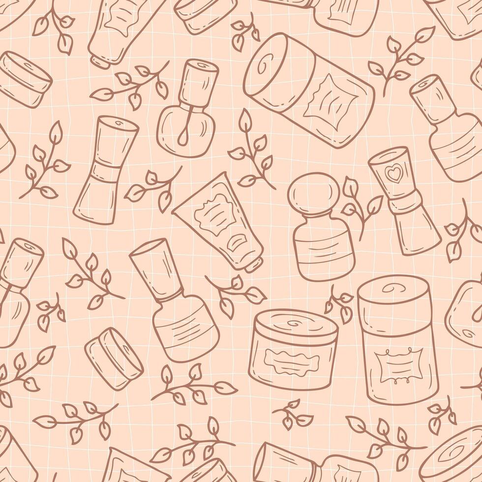 Doodle cosmetic jars with labels and leaves seamless pattern on grid distorted background. Perfect print for label, sale, card, textile. Hand drawn illustration. vector