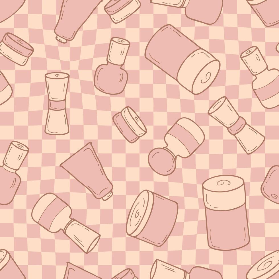 Retro style cosmetic jars seamless pattern on checkered background. Perfect print for label, sale, card, textile. Hand drawn illustration. vector