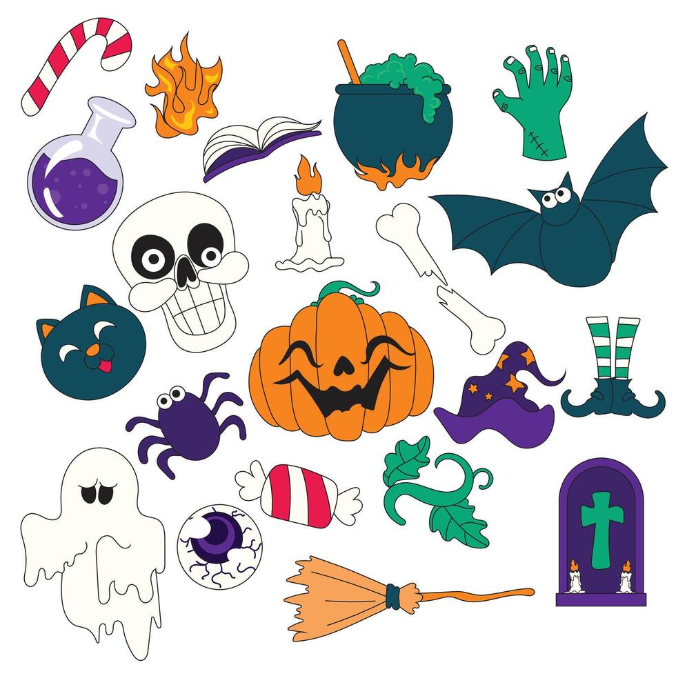 Collection of creepy and quirky pumpkin characters in hand drawn style, perfect for Halloween projects. Ideal for stickers, prints, party invitations, packaging, and spooky design themes. vector