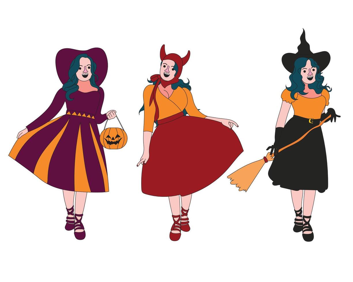 Cute witch girl character set in hand drawn style for Halloween celebrations. Features girls in witch costumes with hats, brooms, and magical accessories. Great for prints, posters, and invites. vector