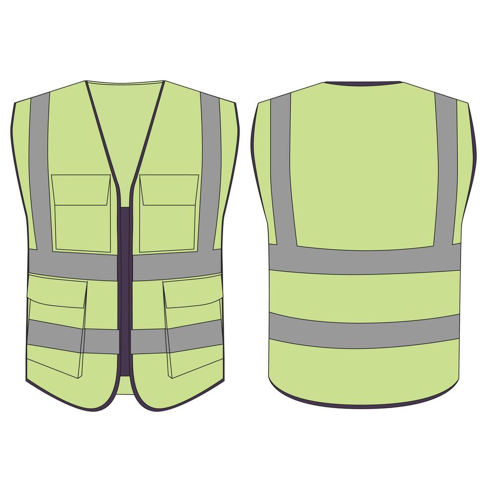 Flat or lowbrow art style illustration showing front and back views of a reflective safety vest. Ideal for designs related to safety, uniforms, industrial workers, and protective gear. vector
