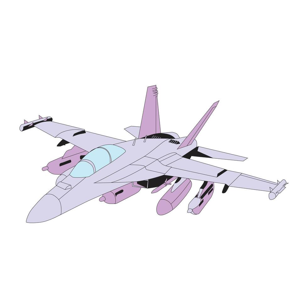 Illustration of a flying fighter jet in flat or lowbrow style. Ideal for themes related to military defense, combat transport, aviation, war machines, and high-speed tactical aircraft vector