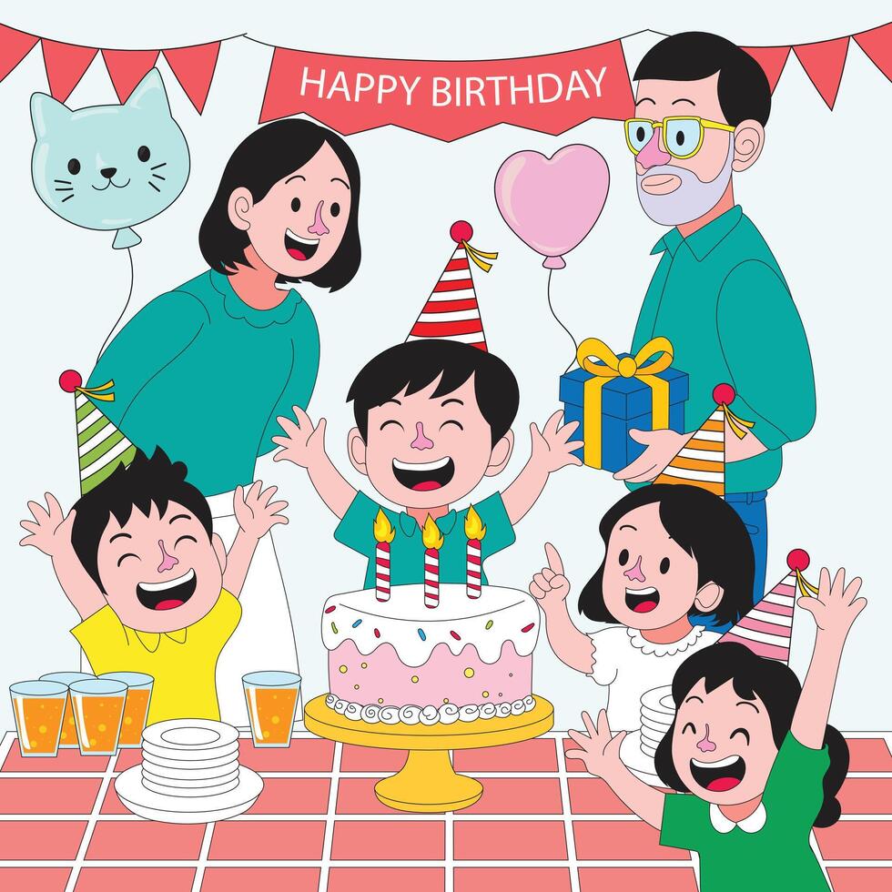 Festive birthday celebration illustration showing a joyful child with loving parents, a gift-carrying dad, and happy friends gathered around. Perfect for family and event-themed designs. vector