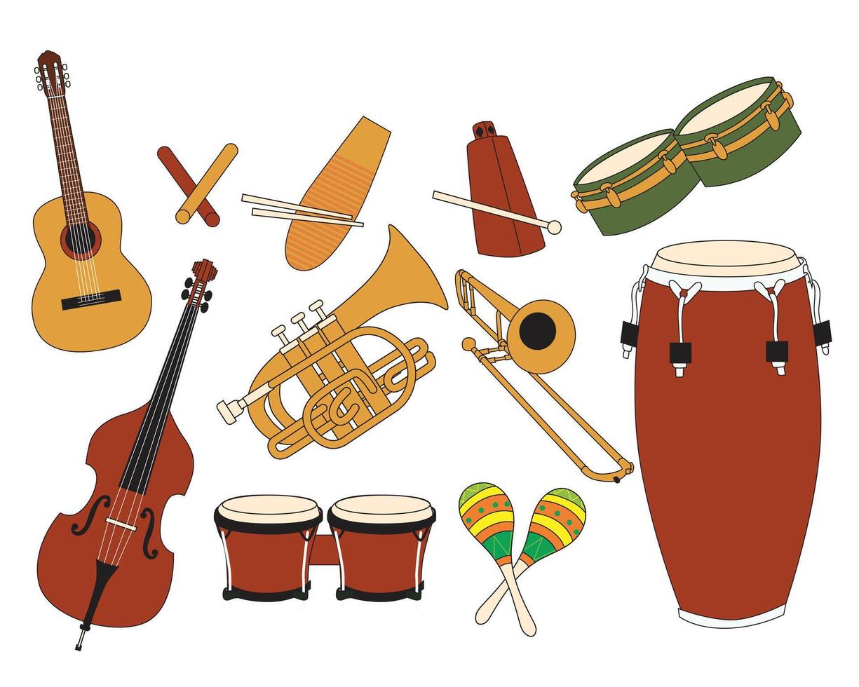 Salsa music instrument set illustration, featuring Latin percussion and melody tools for dance and rhythm themes. vector