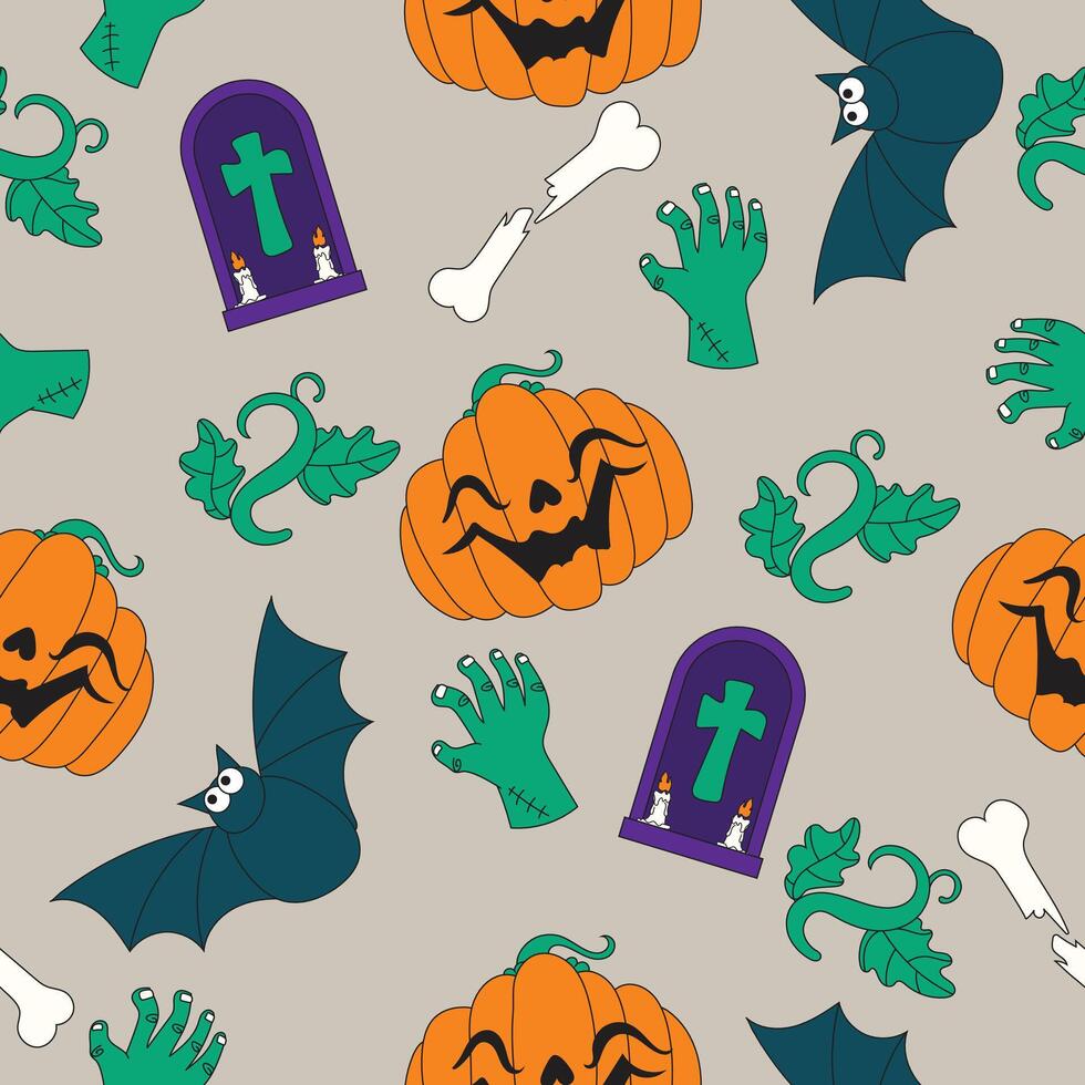 Halloween seamless pattern in hand drawn cartoon style. Includes spooky icons like ghosts, pumpkins, bats, skulls, and witches. Great for wrapping paper, textiles, party decor, and backgrounds. vector