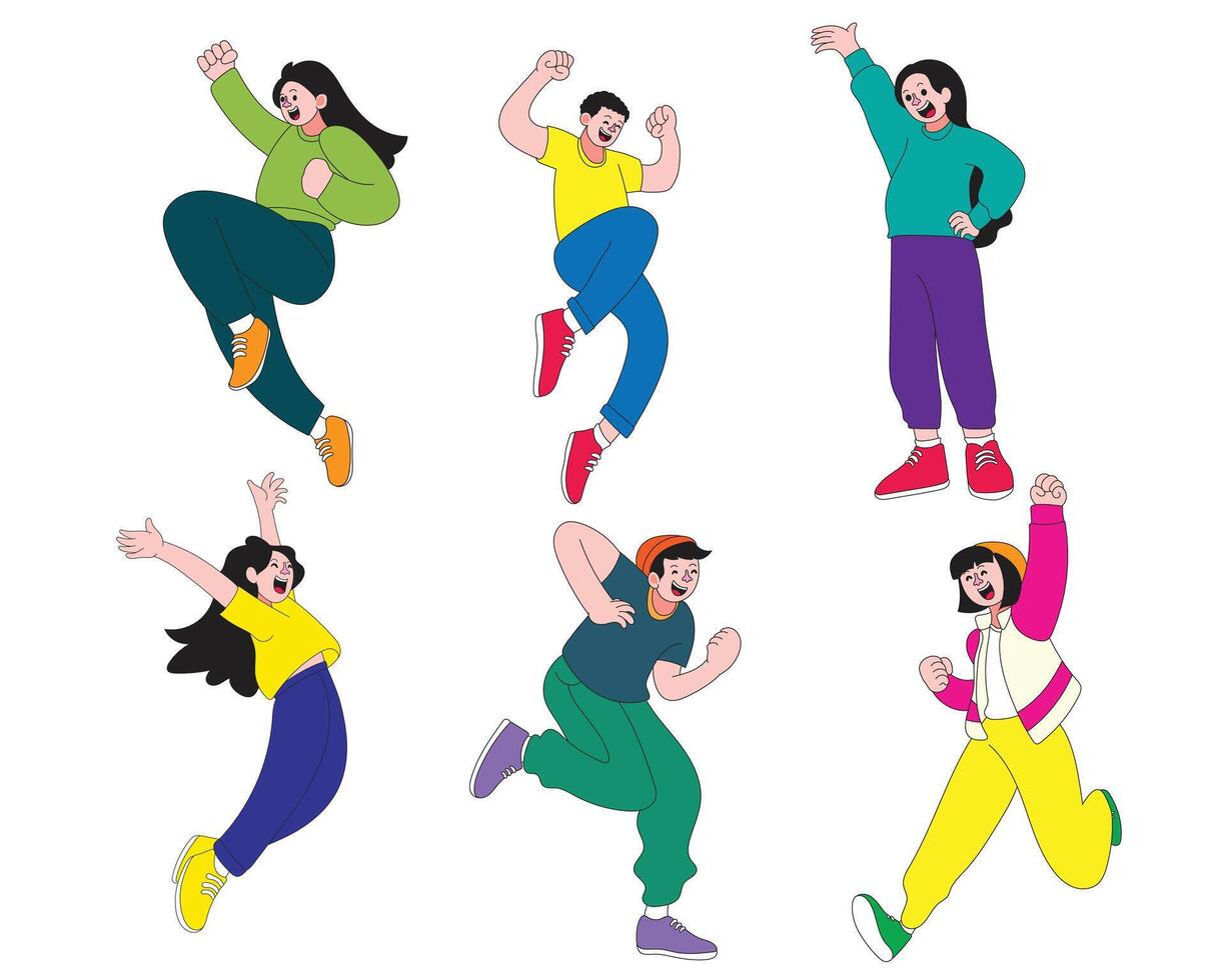Illustration in flat or lowbrow style showing people jumping, cheering, and expressing joy. Perfect for celebration themes, lifestyle, success, parties, emotional expression, and youth-related designs vector