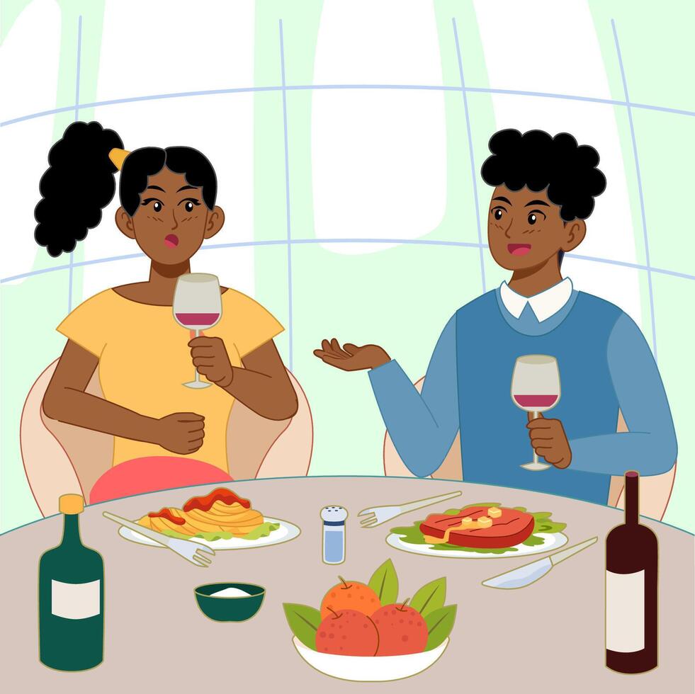 Modern flat illustration of a couple dining together, enjoying wine and gourmet meals. Perfect for themes of romantic dinner, communication, relationship, lifestyle, and elegant food moments. vector