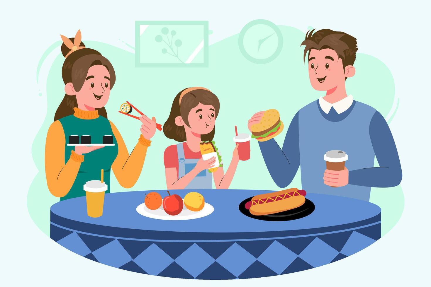 Colorful flat of a happy family eating various foods like sushi, burger, taco, and fruit. Ideal for food diversity, family time, fast food, healthy eating, and modern lifestyle concepts. vector