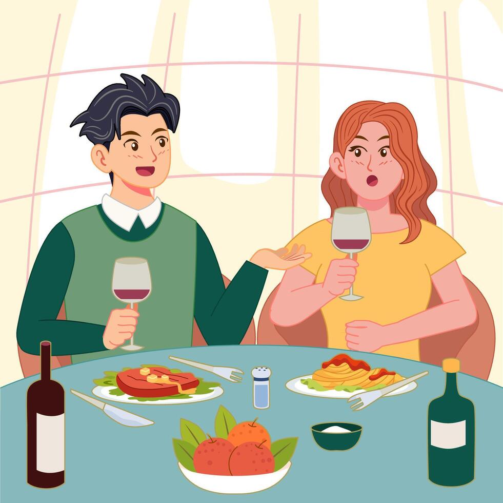 Flat illustration of a couple dining and talking over wine in a cozy setting. Great for concepts of romantic dinner, communication, lifestyle, date night, and modern food culture visuals. vector