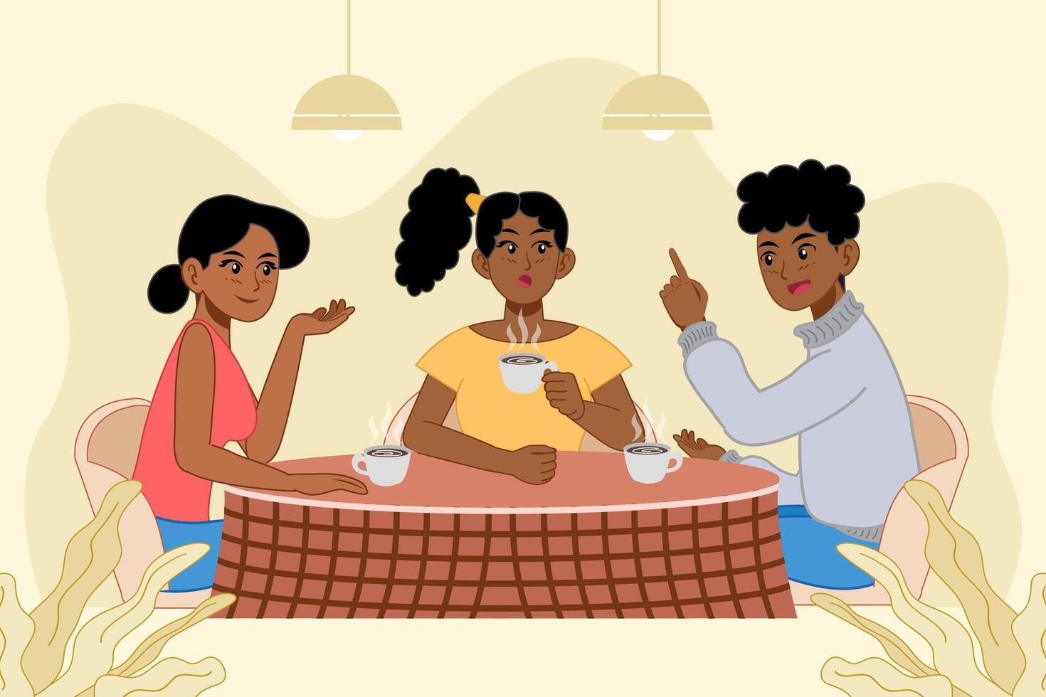 Group of friends or family enjoying hot coffee at cozy cafe in flat style. Ideal for topics about social life, conversation, relaxation, or coffee culture in design projects. vector
