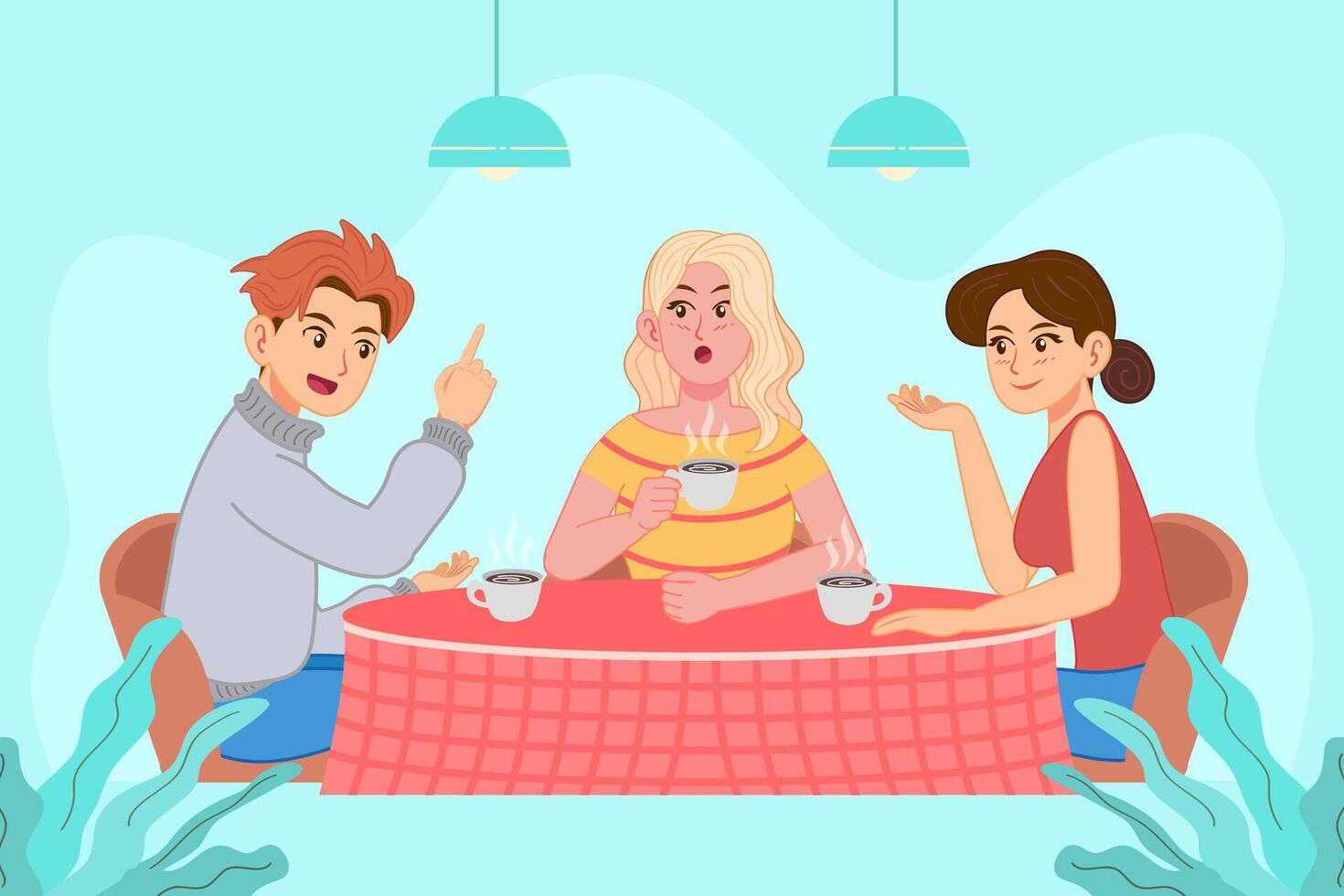 Three friends chatting over hot coffee at a cozy cafe in flat style. Great for concepts like conversation, friendship, coffee break, or social lifestyle illustrations. vector
