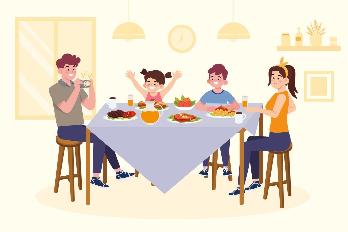 Happy family enjoying meal together at home in colorful flat style. Perfect for concepts like family time, dinner, celebration, bonding, lifestyle, and home dining illustration. vector