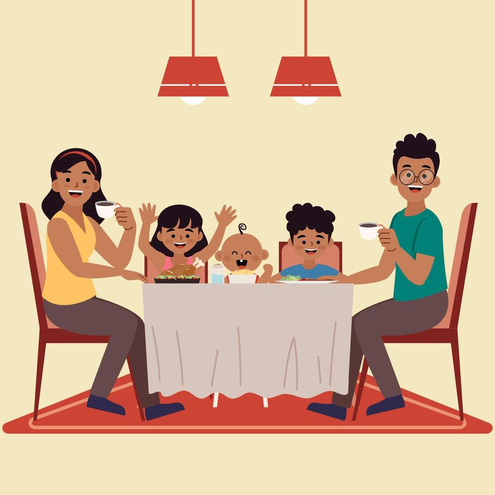 Flat illustration of a happy family with three children enjoying a meal together at home. Perfect for parenting, family bonding, baby care, dinner time, and multicultural family concepts. vector
