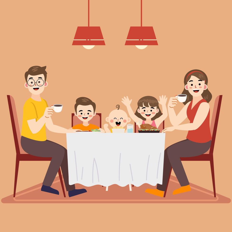 Flat of a happy family dining together with kids. Perfect for parenting, mealtime, family bonding, lifestyle, home life, and joyful family illustrations in modern style. vector