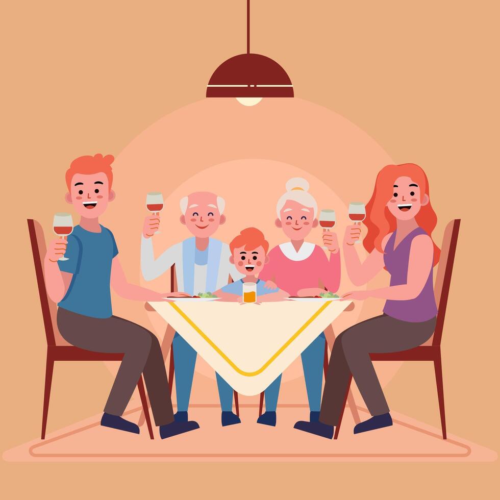 Flat illustration of a multigenerational family dining together at home. Perfect for concepts like family bonding, celebration, grandparents, parenting, tradition, and happy lifestyle moments. vector