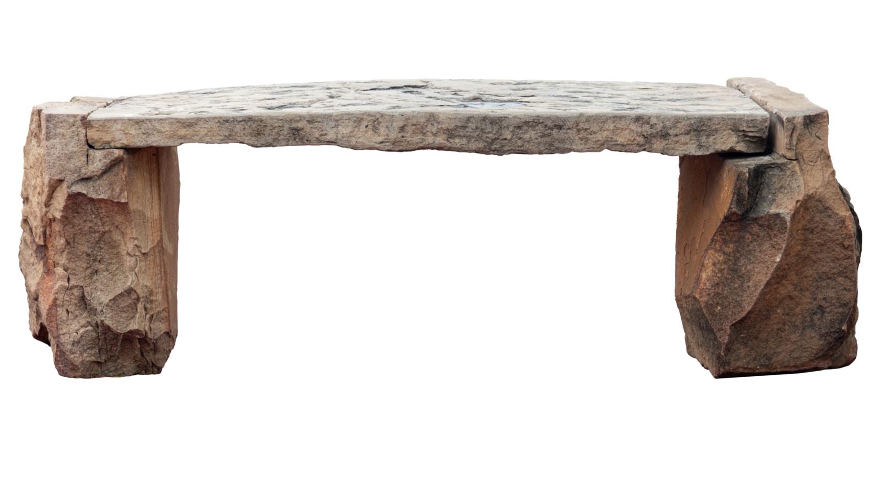 Side view of chaise lounge made from stones. Two large stone legs and a long, large stone slab for sitting on. png