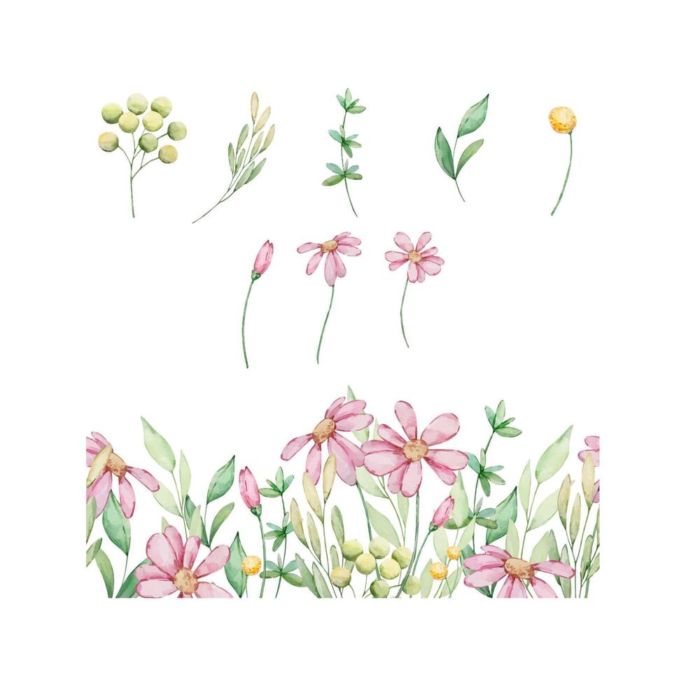 Floral Seamless Border with watercolor pink flowers and green leaves vector