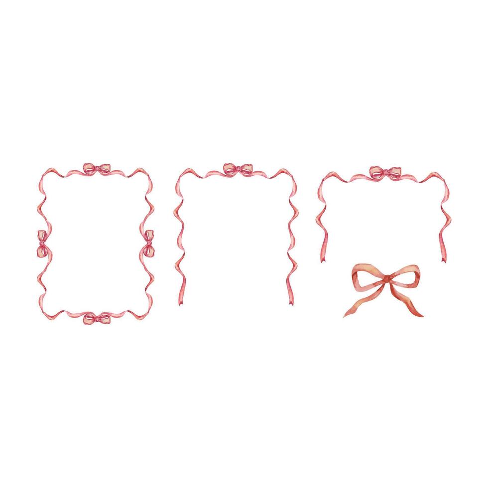 Red frames set of watercolor ribbon and bow vector