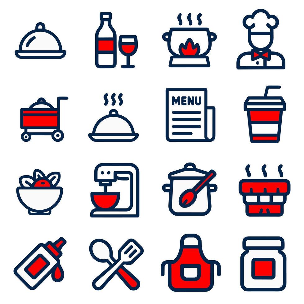 Culinary Icons A Set of 16 Red and Blue Food and Restaurant Line Icons vector