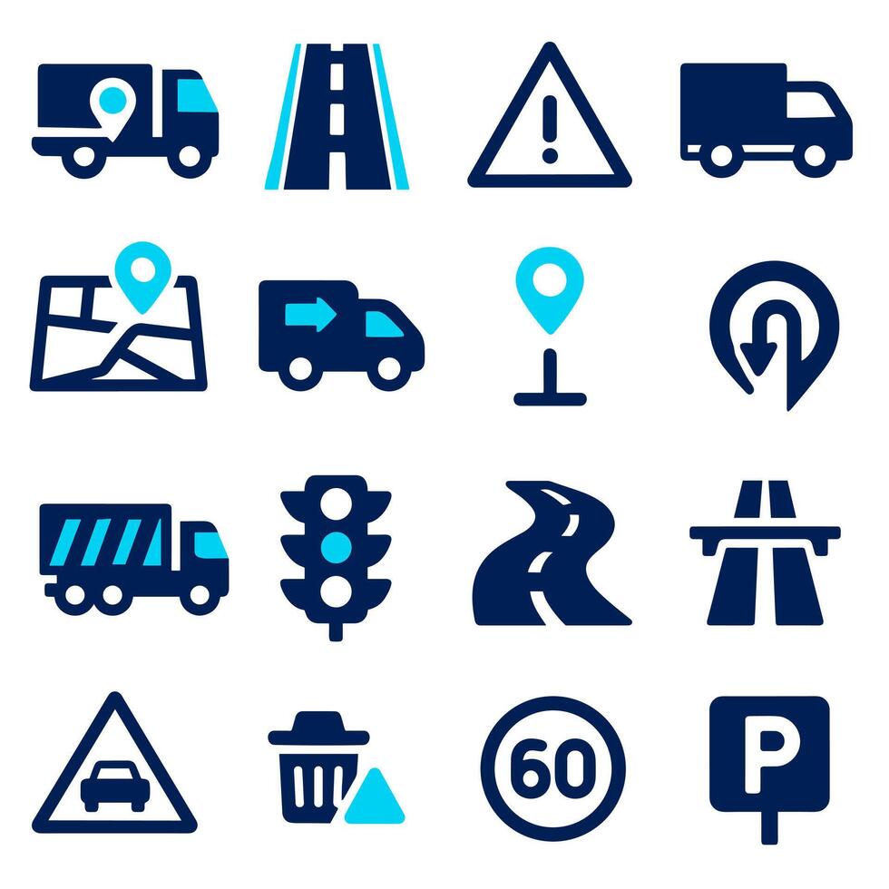 Collection of Transportation and Navigation Icons Road Signs, Vehicles, and Location Markers vector