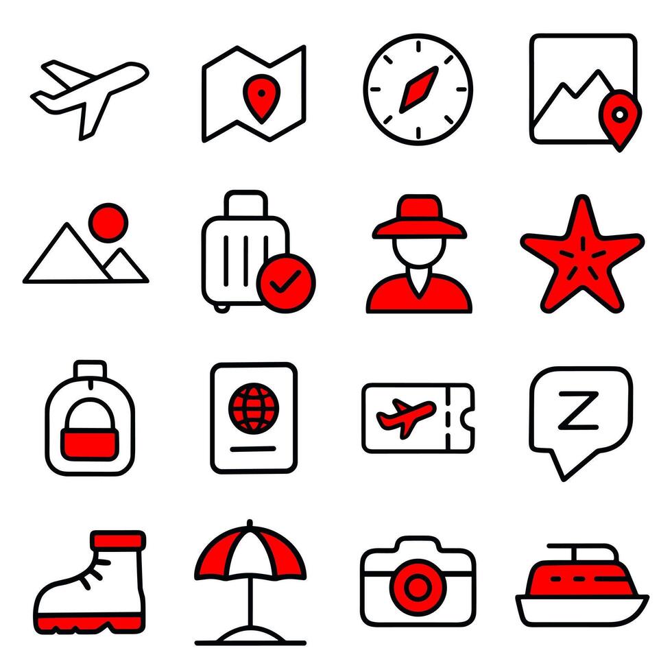 Travel Icons A Comprehensive Set of Red and White Line Art Travel Symbols vector