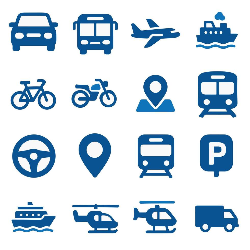 Transportation Icons A Comprehensive Set of Blue Vehicle and Location Symbols vector