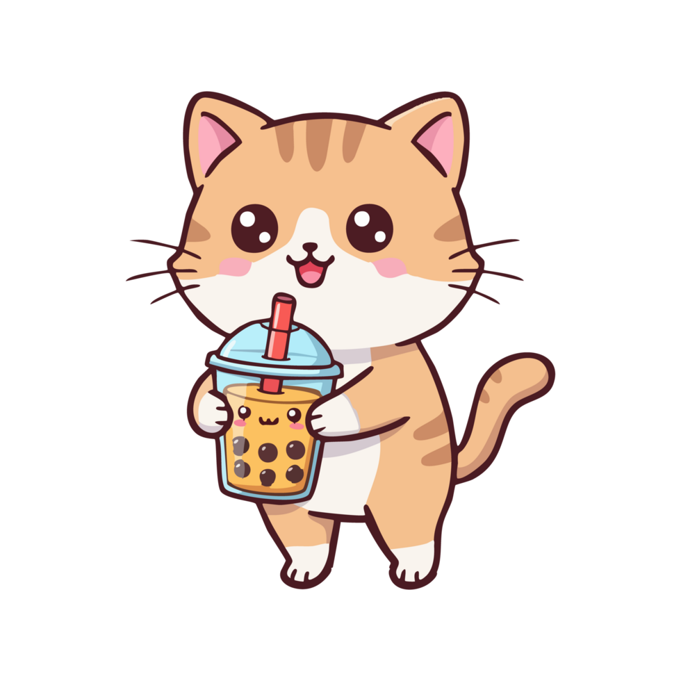 cute cat drinking boba icon character png