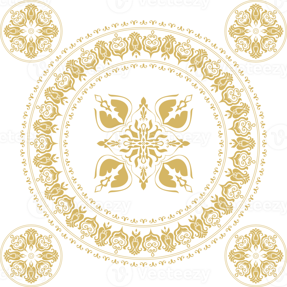Antique gold circle pattern, Thai pattern for carpet, tile, luxury decoration, vintage floral mandala element, transparent background png
