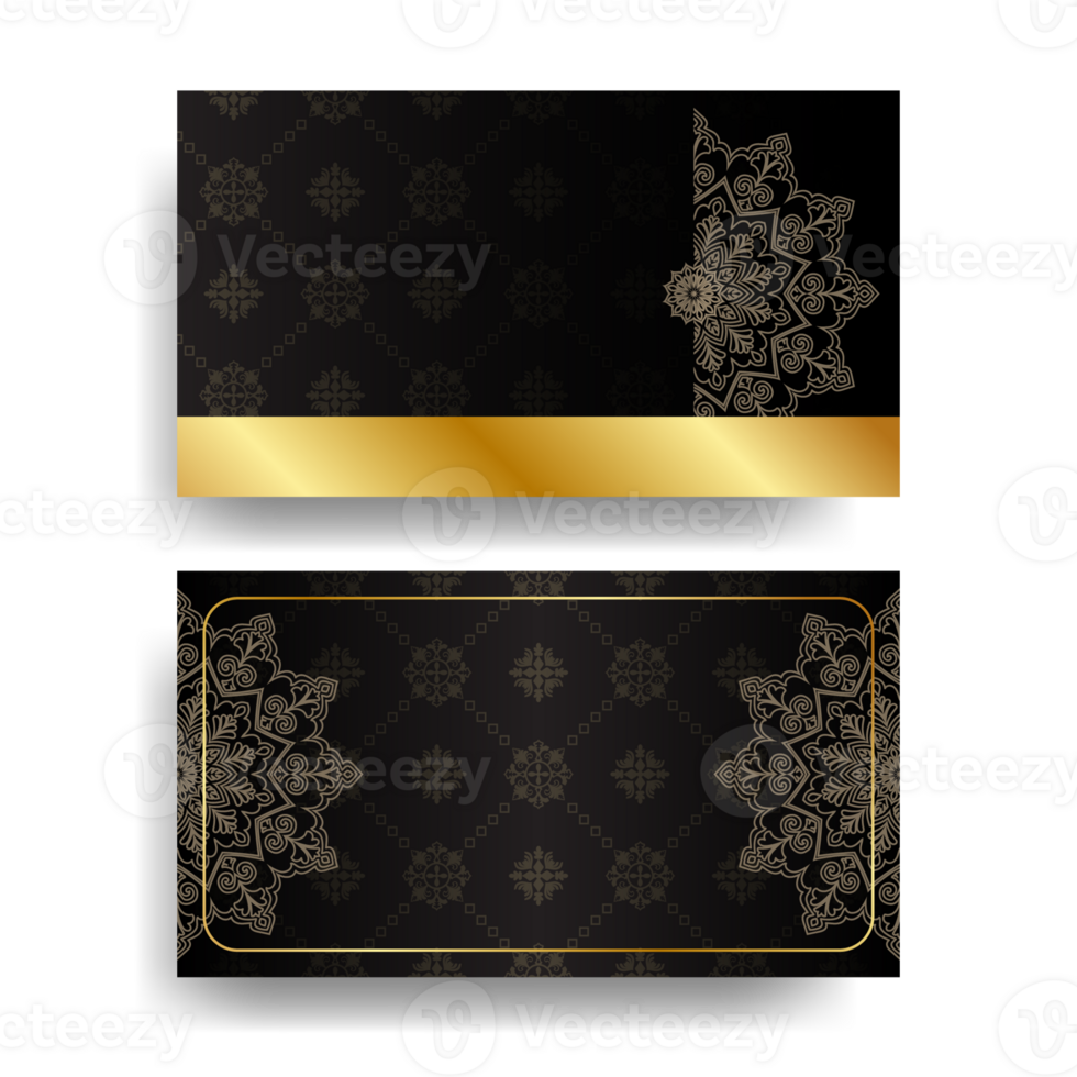 Black business card decorated with mandala pattern and gold frame. Looks luxurious decorated with flowers and vintage decorations. Transparent background. png