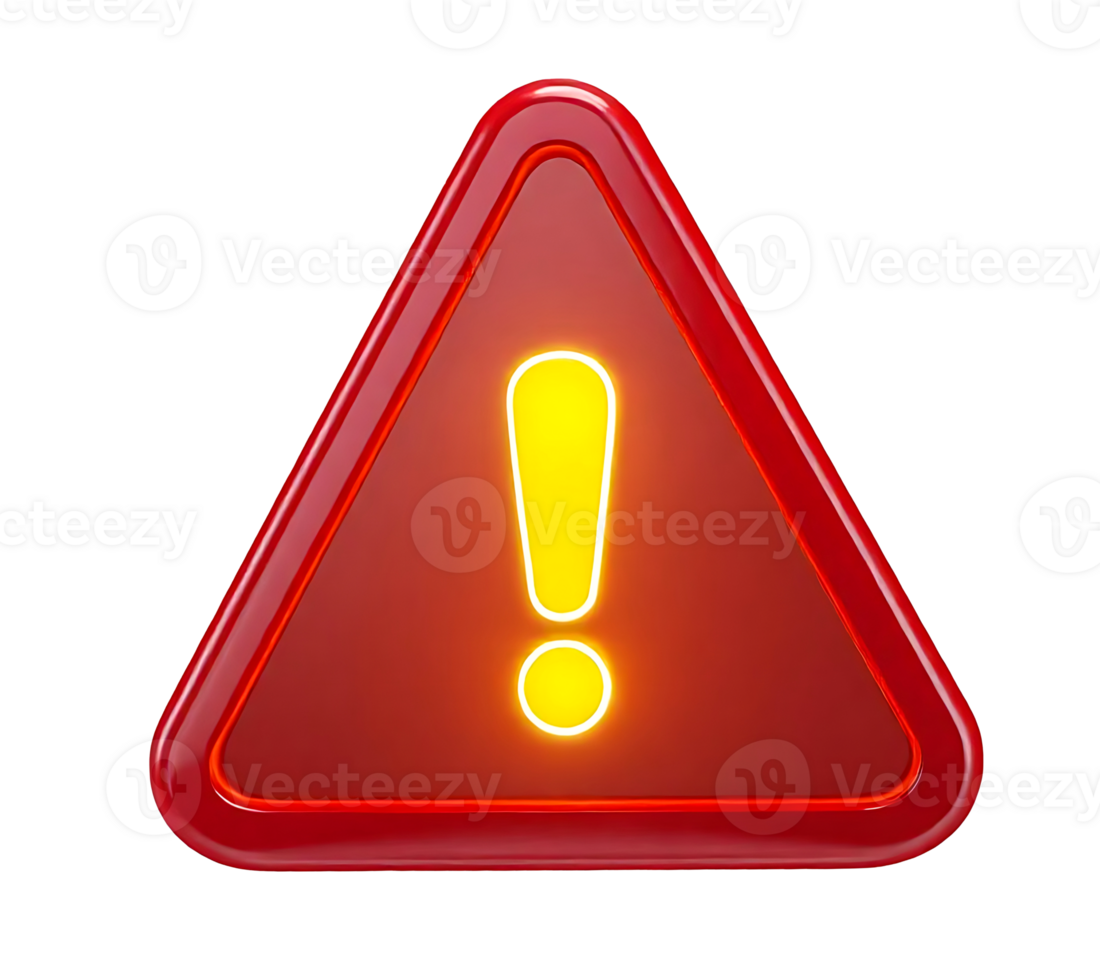 3D warning sign triangle, triangular shape, bright, deep red outline with yellow exclamation mark in the center on transparent, png