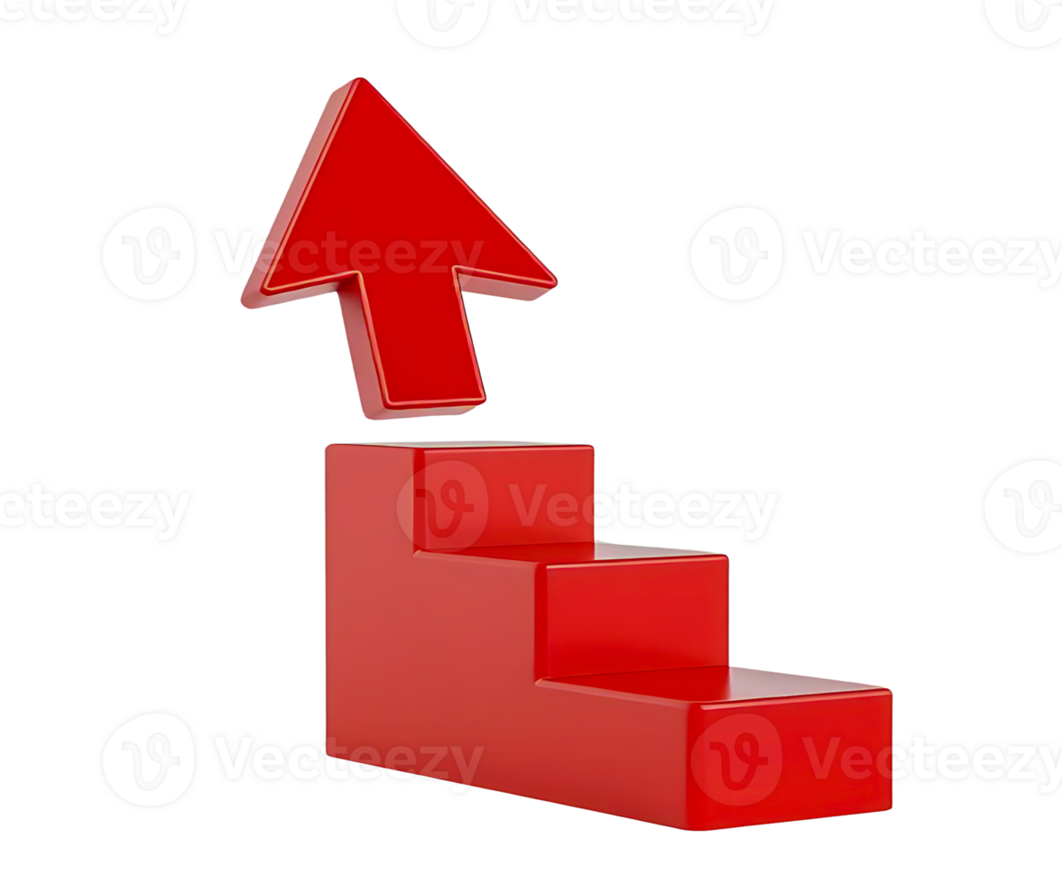 3d red staircase with four steps and upward arrow indicating growth progress movement on transparent background png