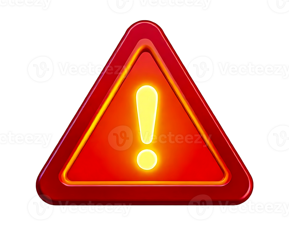 3D warning sign triangle, triangular shape, bright, deep red outline with yellow exclamation mark in the center with background transparent, png