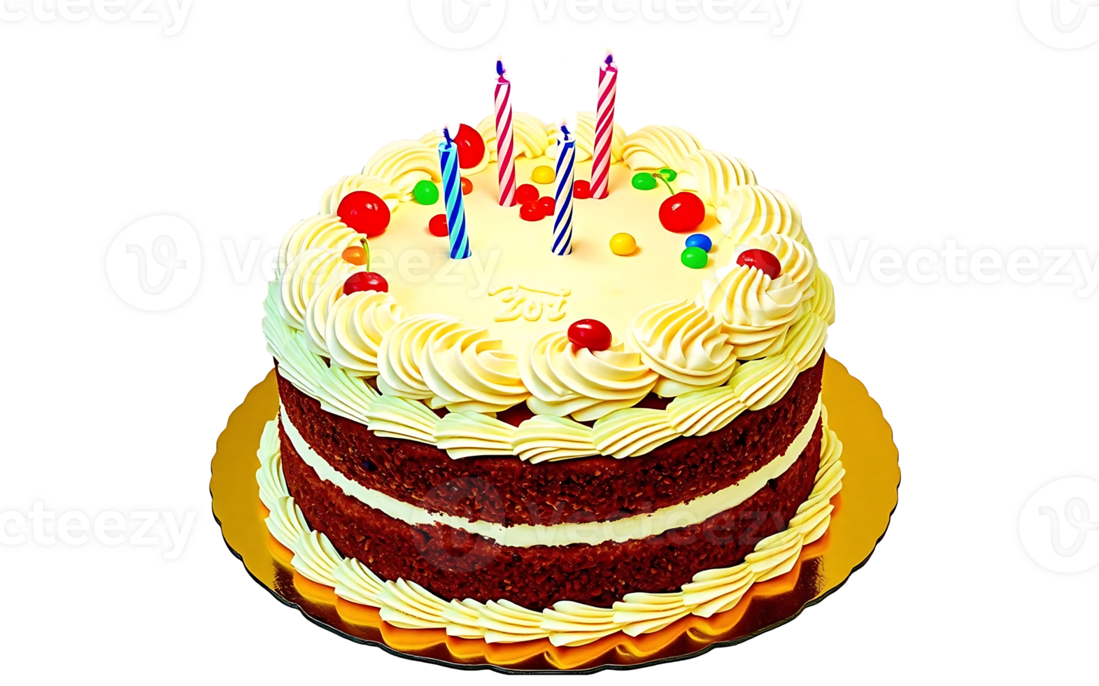 Celebrate Special Birthday with a Chocolate and Cream Frosted Multi-layer Cake Decorated with Candies and Candles png