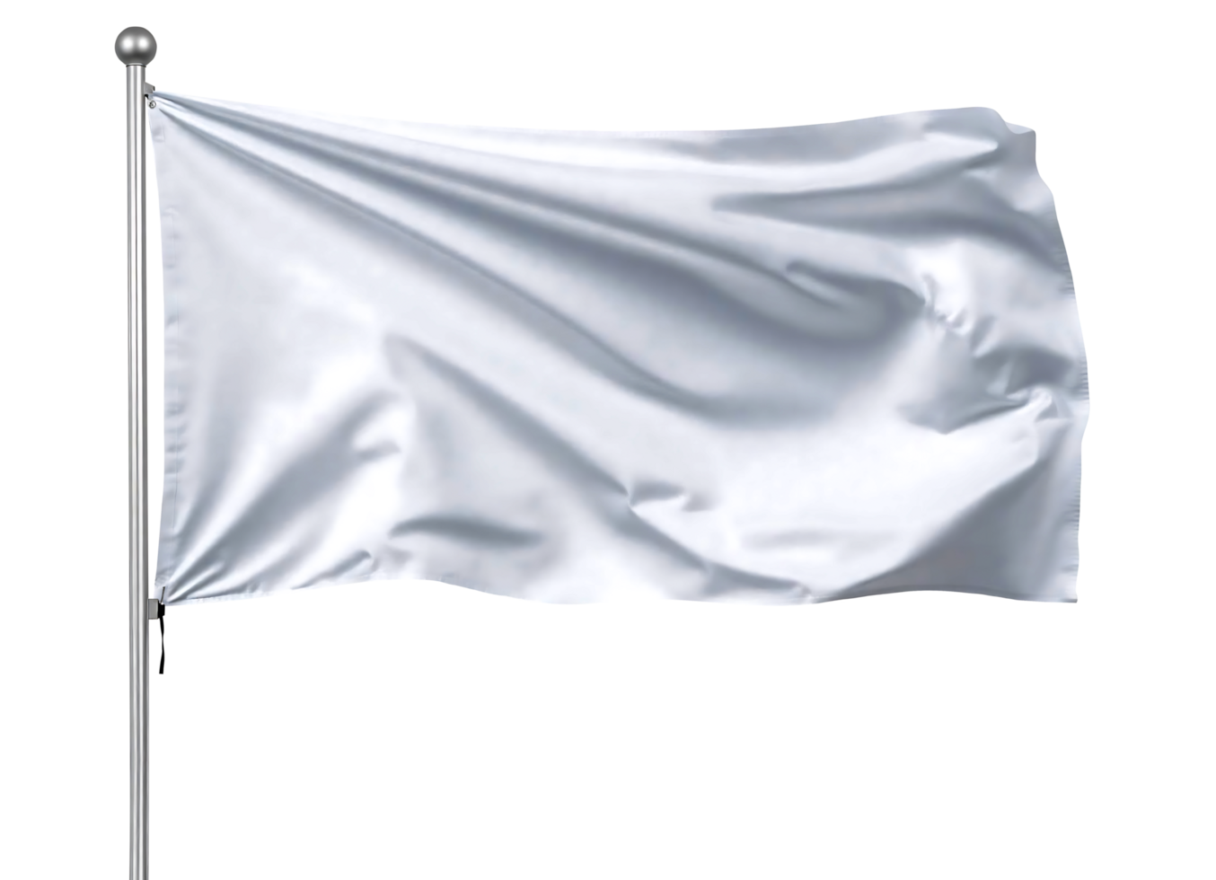 Blank white flag mockup on silver pole with silky, shiny material, visible folds and creases on transparent background png