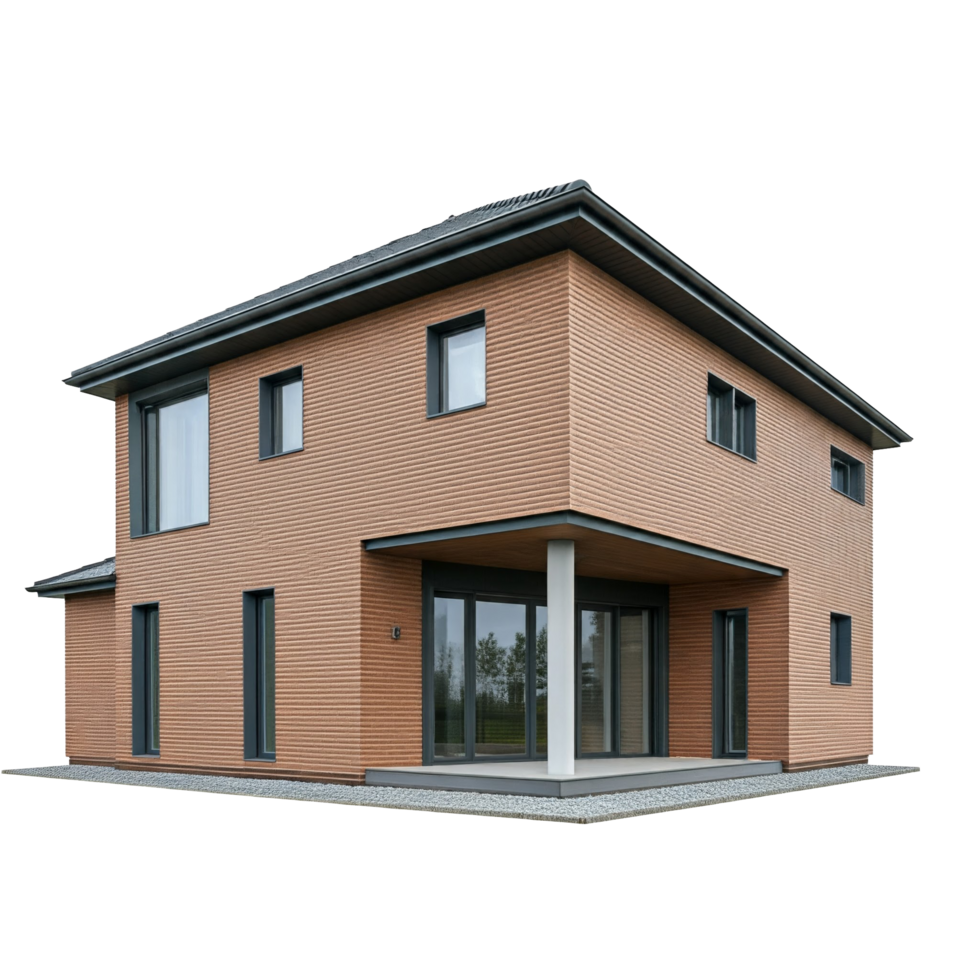 A modern house with a large porch and a large window png