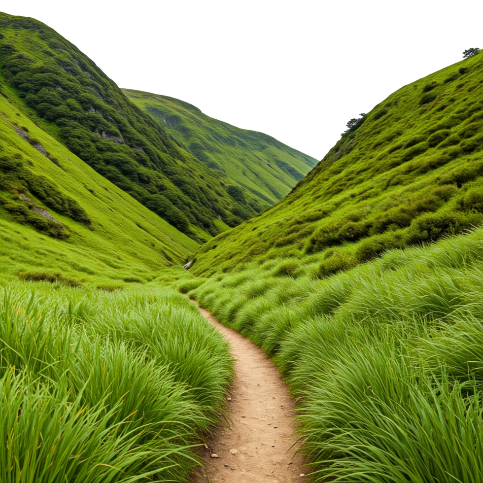 A path through a green valley with tall grass png