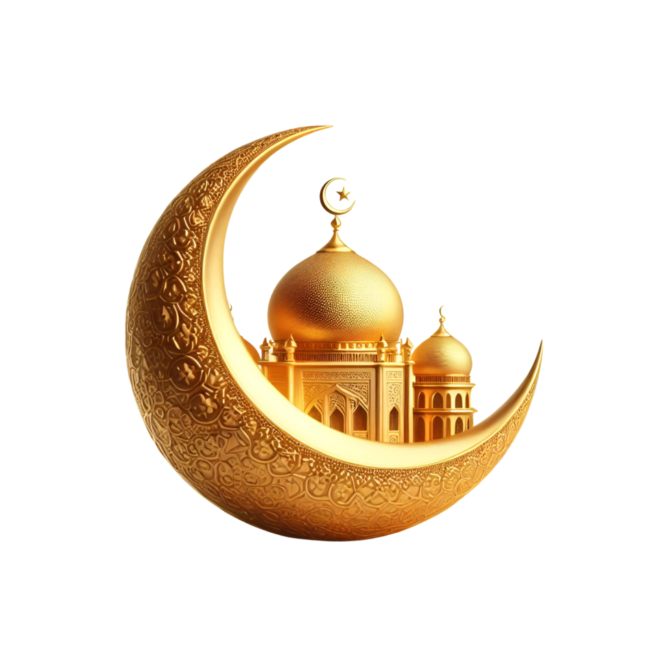 Elegant Crescent with Mosque, Star, and Moon Design png