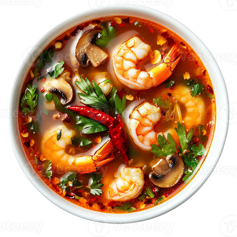 Bowl of spicy shrimp soup with herbs in white bowl, top view png