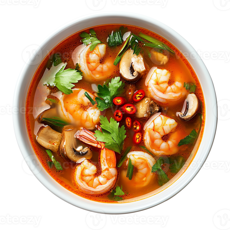 Bowl of spicy shrimp soup with mushrooms and herbs. png
