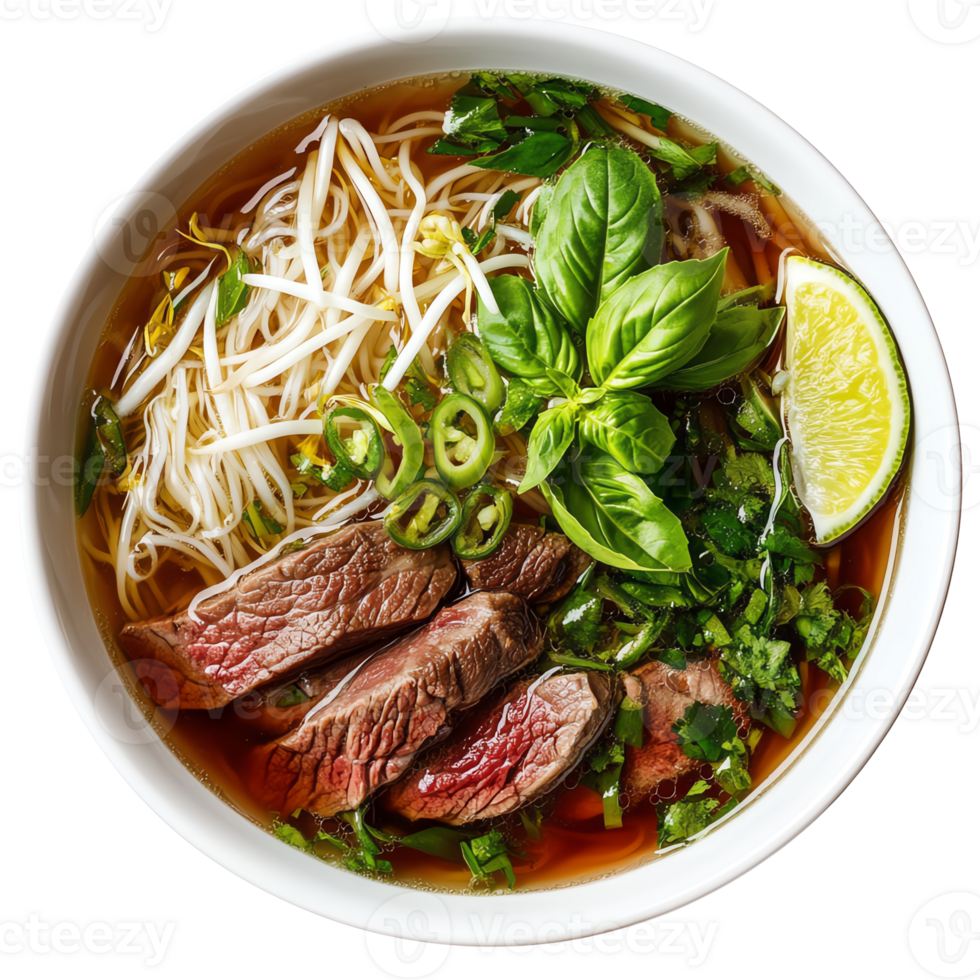 Bowl of pho with beef, herbs, lime, and noodles, appetizing view png