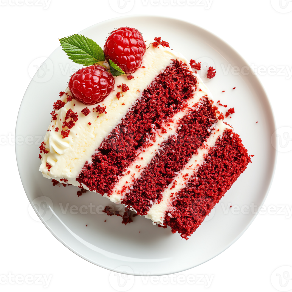 Slice of red velvet cake with raspberries on white plate png